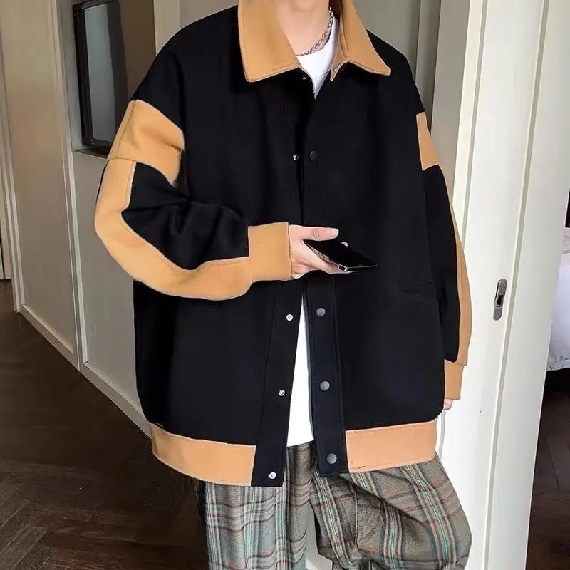 

Jackets Men Patchwork Autumn Warm Japanese Style Fashion Ins Baggy Casual Turn-down Collar Pockets Newly Students All-match Soft