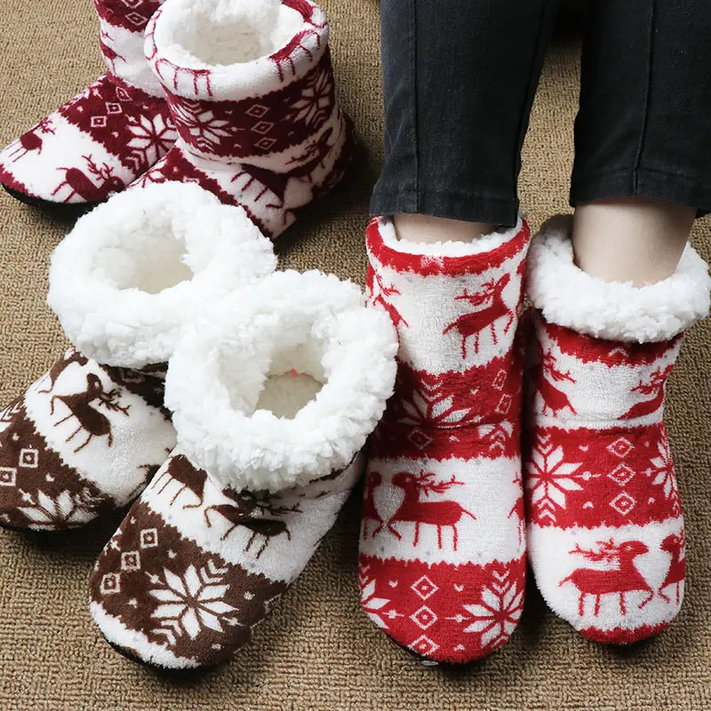 

Женские Плюшевые Рождественские теплые ботинки Aldult с оленем, домашние носки, зимние тапочки, домашние женские шлепанцы, меховые тапочки, обувь для пола