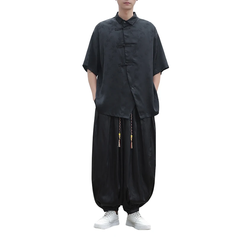 Мужская летняя жаккардовая винтажная свободная повседневная рубашка с коротким