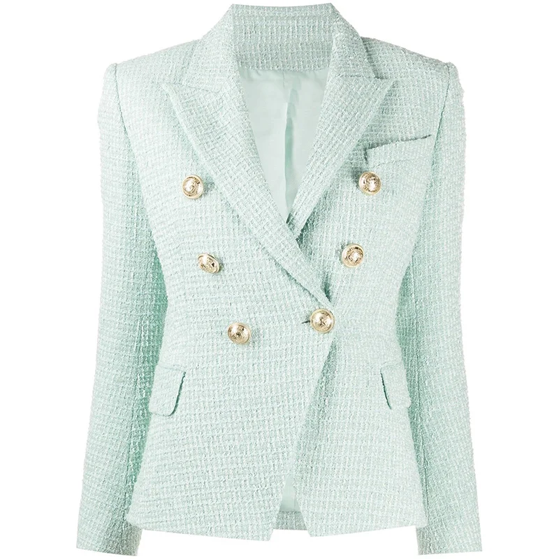 

HIGH STREET Newest 2022 Designer Jacket Women's Classic Metal Buttons Double Breasted Tweed Blazer Mint Green