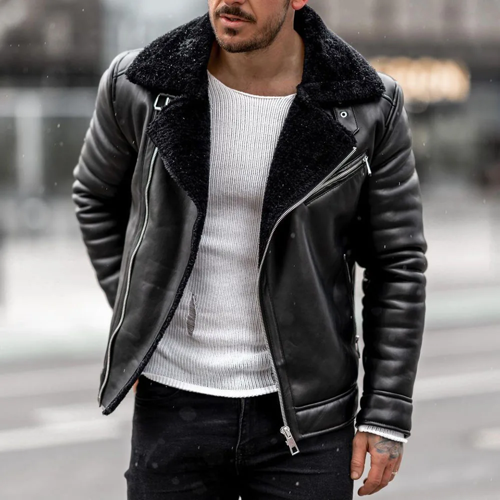 

Куртка мужская однотонная с отложным воротником, модная повседневная теплая уличная одежда свободного покроя, с меховым воротником, одното...