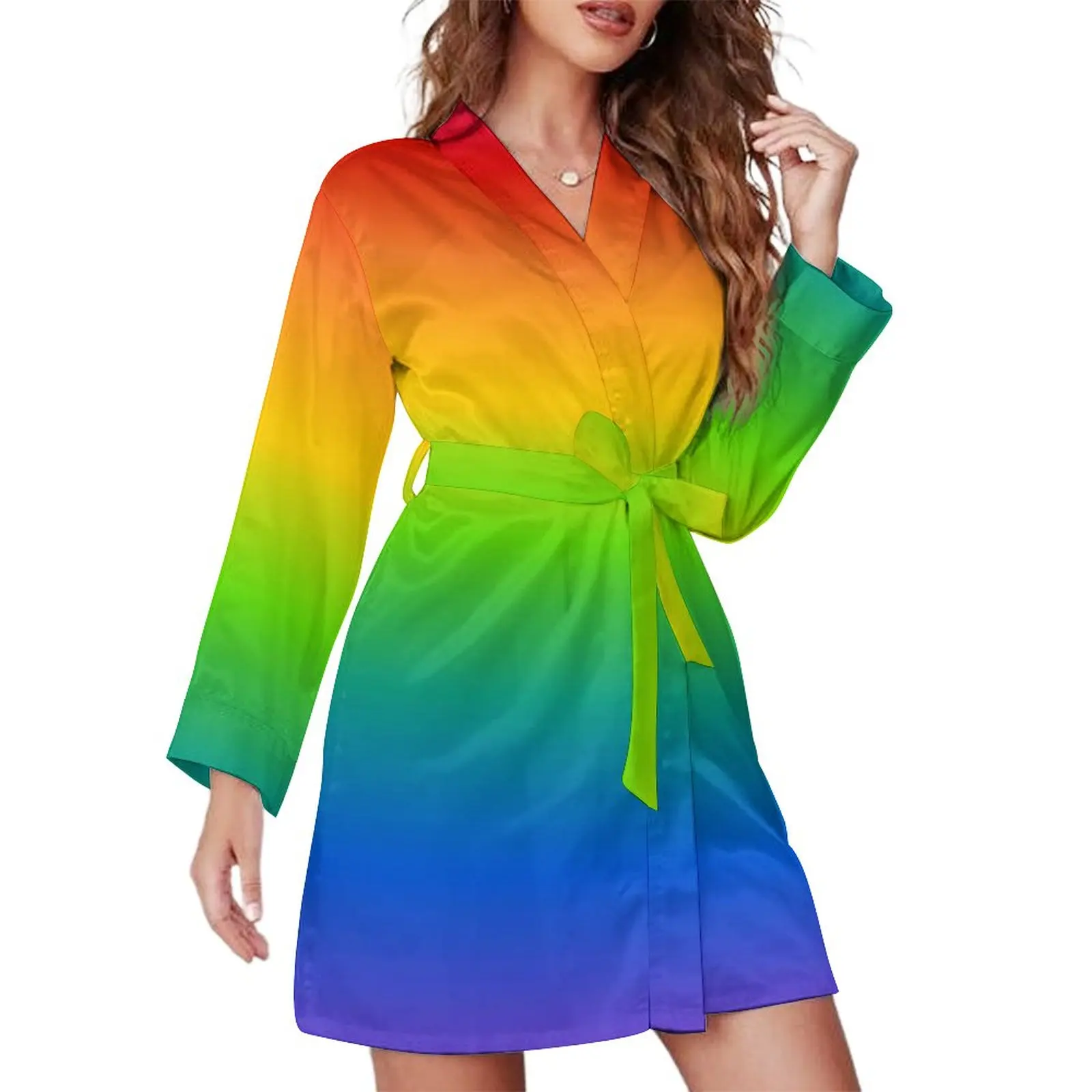 

Ombre Gradient Pajama Robe V Neck Rainbow Custom Nightgown Women Long Sleeve Warm Pajamas Robes Daily Bedroom Dresses