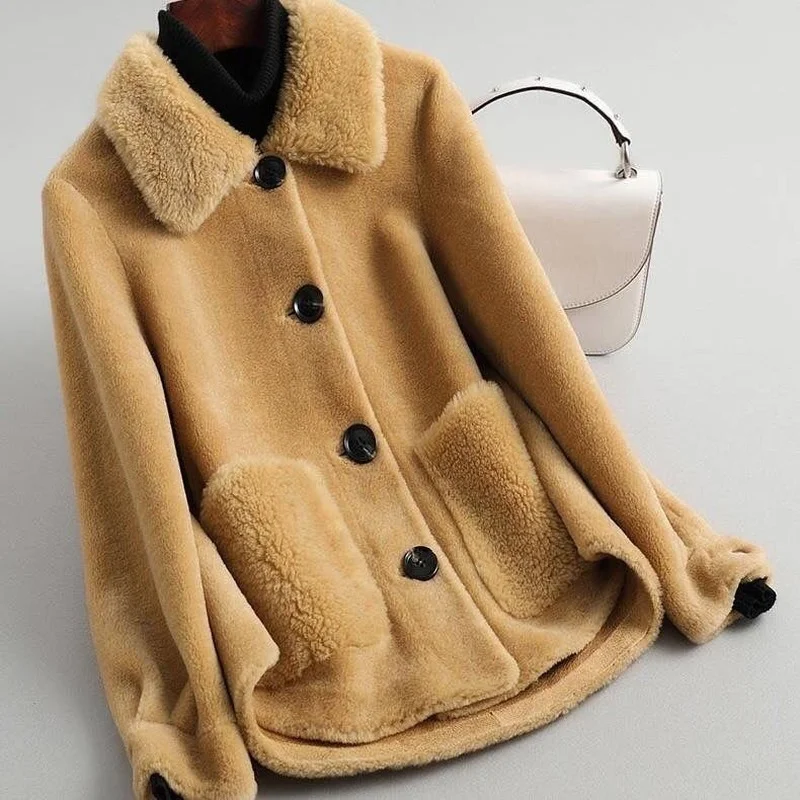 Woman 2023 Winter New Genuine Fur Sheepskin Coats  Ladies Loose Casual Wool Outwear Female Thick Warm  Sheep Shearing Jacket B18