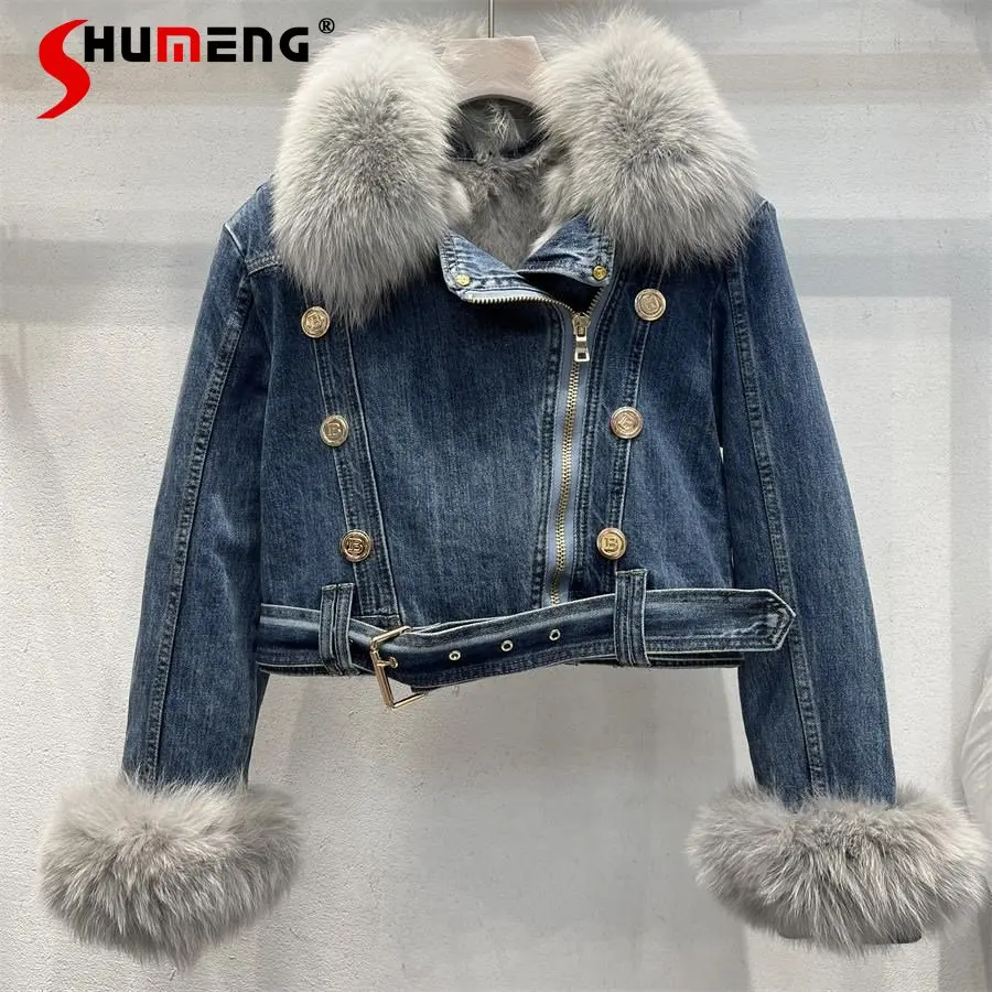 

2023 Fall Winter Fashion Fox Fur Collar Thickening Warm Denim Jacket for Women Cropped Jacket Tide Fleece Short Denim Coat