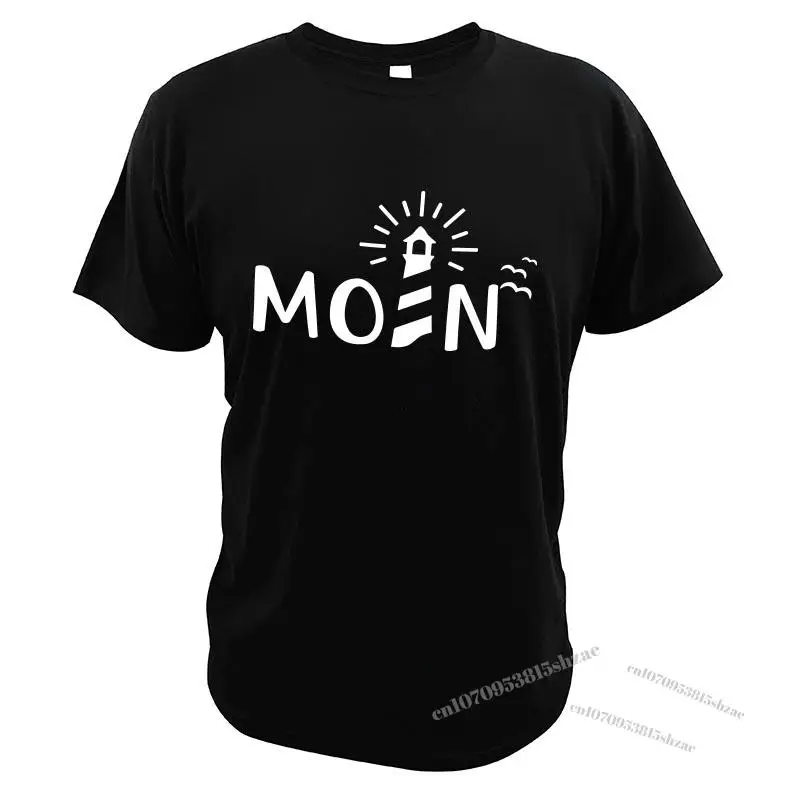 

Moin mit Leuchtturm T-Shirt Men's Slogan Saying Coast Statement Short Sleeve Crewneck Soft 100% Cotton Summer Top EU Size