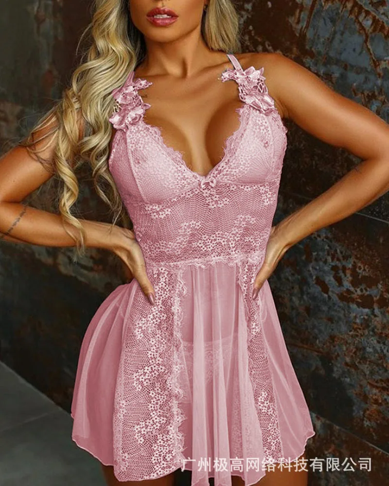 

Babydoll Women Sleeveless V neck High Waist Criss Cross Backless Contrast Lace Sheer Mesh Mini Dress Solid Color Summer