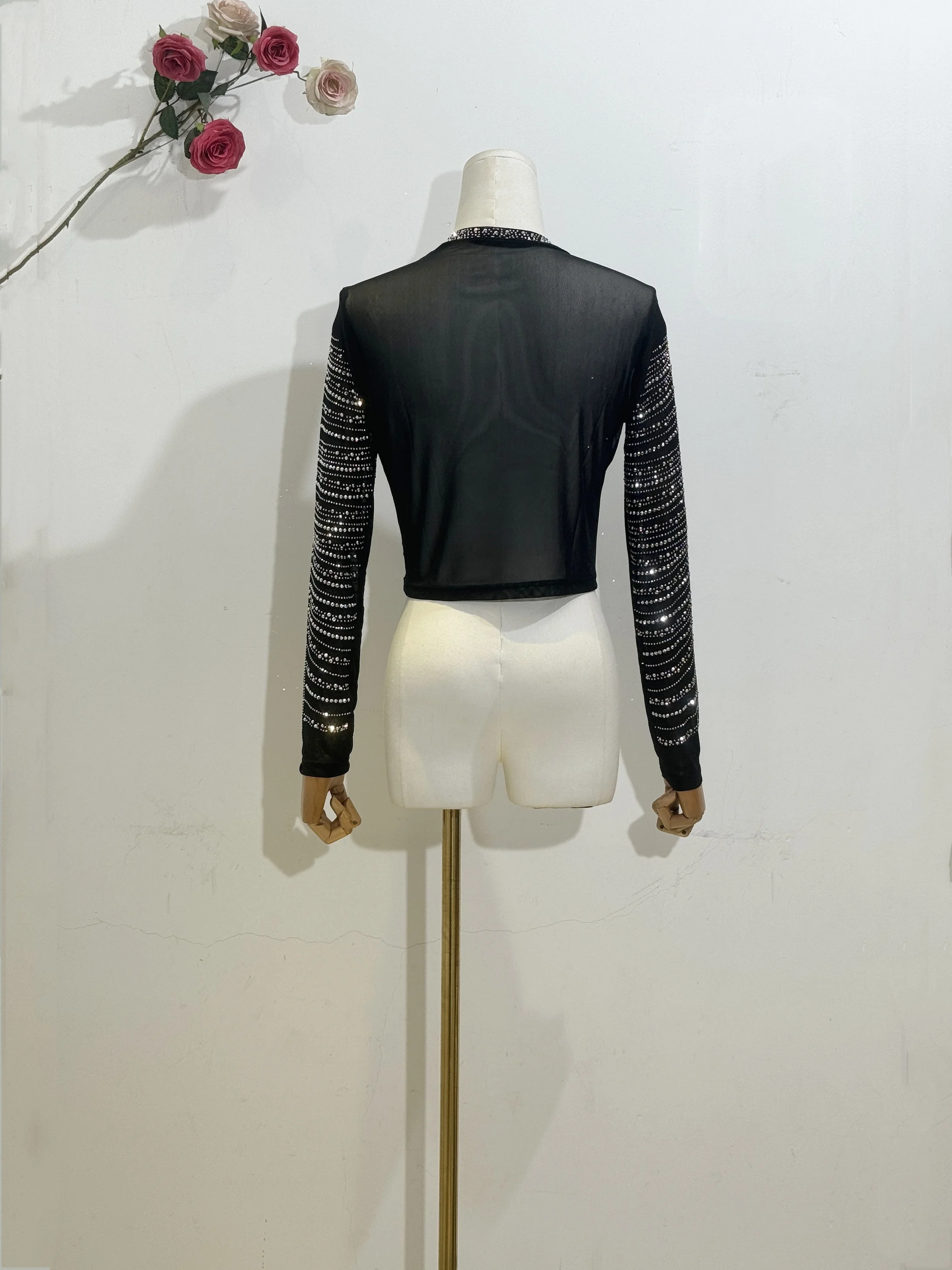 Женский праздничный Топ H80 &amp S90 Сетчатая футболка с круглым вырезом и длинным