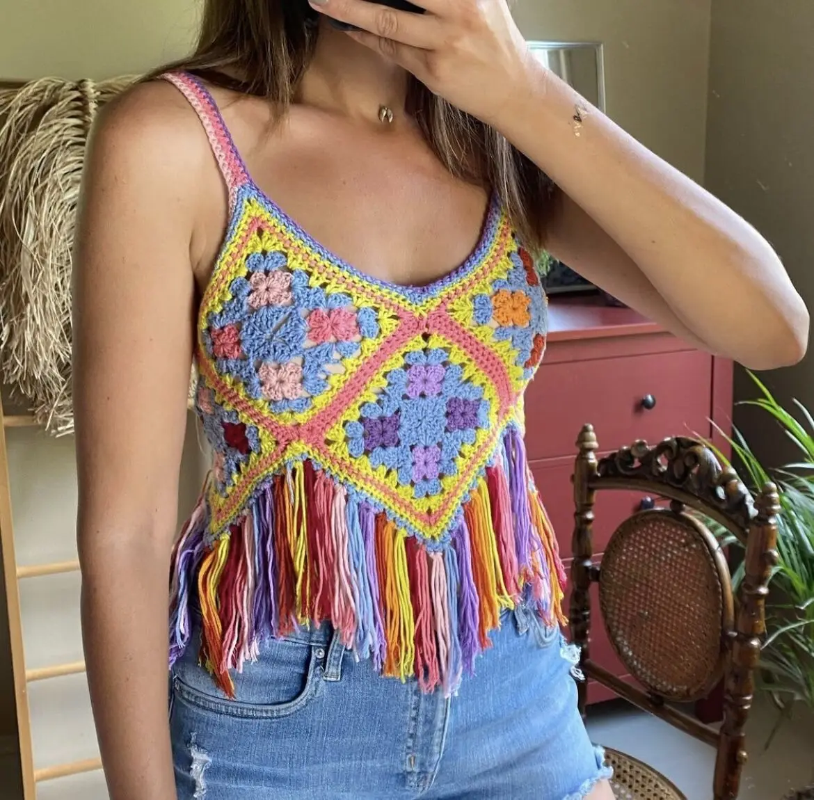 

Women Handmade Camis Sexy Backless Tassle Summer Tank Tops Female Fashion Vintage Hohemian Crop Top Blusas Chic Top