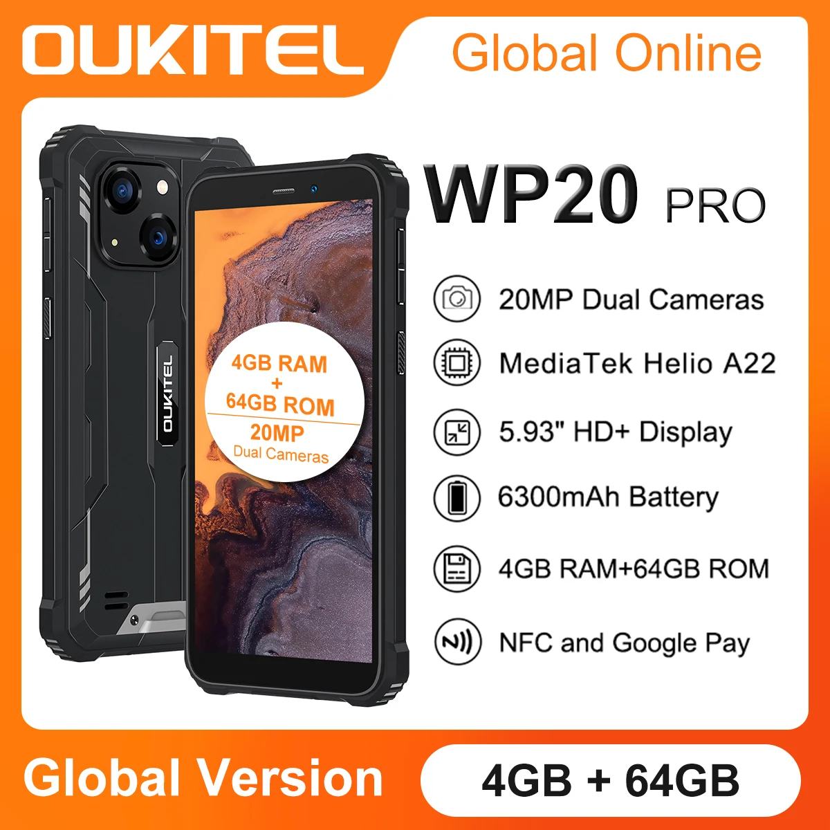 Oukitel  WP20 Pro Rugged Smartphone Android 12 6300mAh 4GB+64GB 5.93