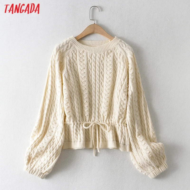 

Tangada Women 2020 Fashion Elegant Beige Twist Knitted Sweater jumper O Neck Female Tunic Pullovers Chic Tops AI53