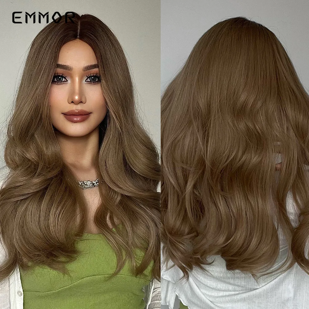 

Emmor Synthetic Long Wavy Dark Brown Wigs Natural Wave Hair Wig for Women High Temperature Layered Daily Ombre Wig