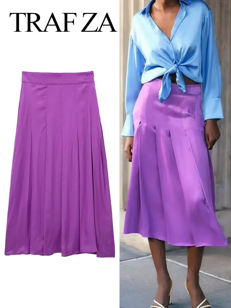 

TRAFZA Women Fashion Purple Pleated Satin Skirt Vintage High Waist Side Zipper Midi Skirts Female Chic Elegant Evening Skirt