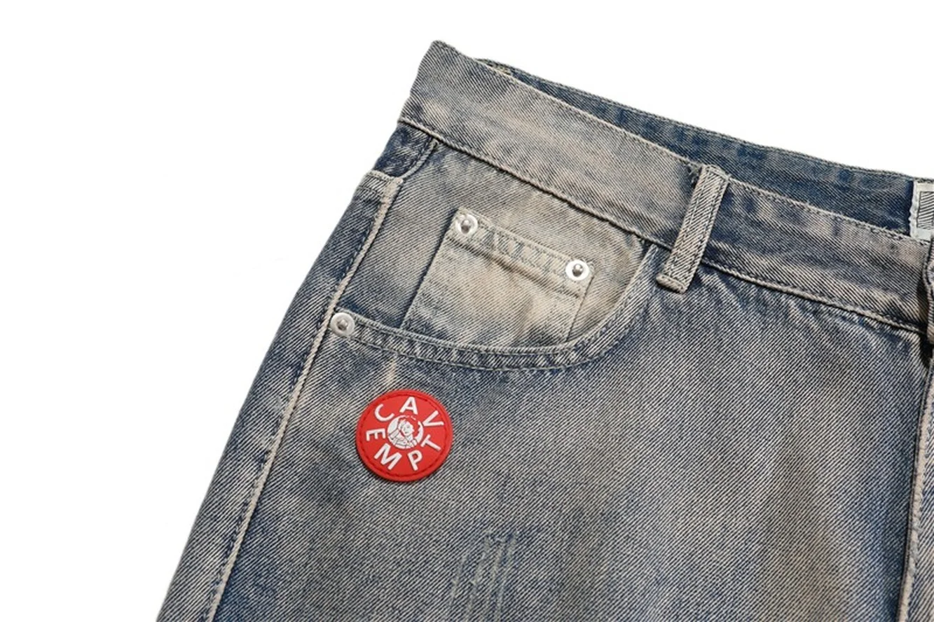 Cav Empt Logo Hole Jeans Trouser mens jeans Washed CAVEMPT C.E Ripped Jeans Men Women 1:1 High Quality Zipper