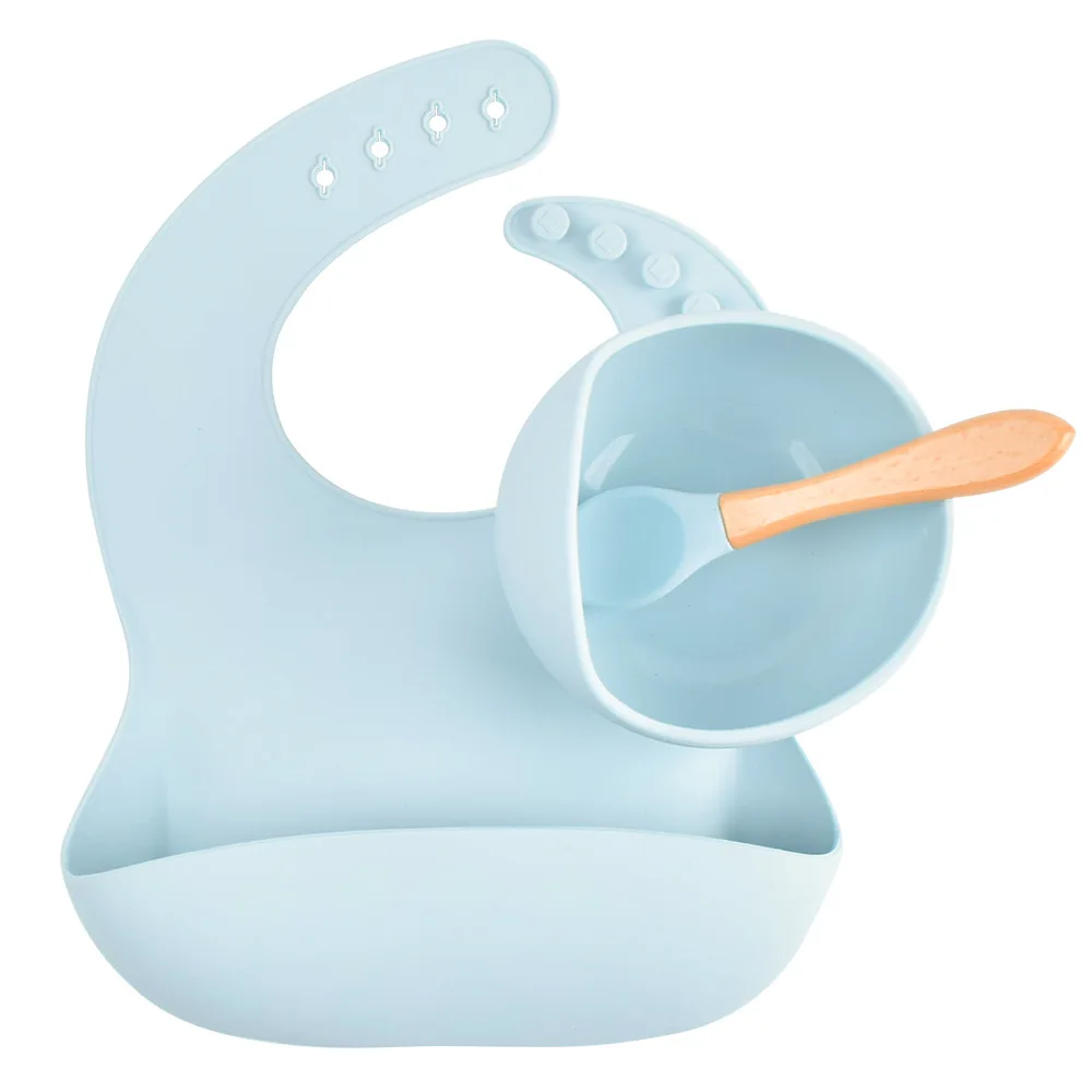 

3 Pcs/Set Baby Silicone Bowl Bibs Set Non-slip Suction Plate Wooden Handle Silicone Spoon Bibs Dishes Baby Feeding Tableware