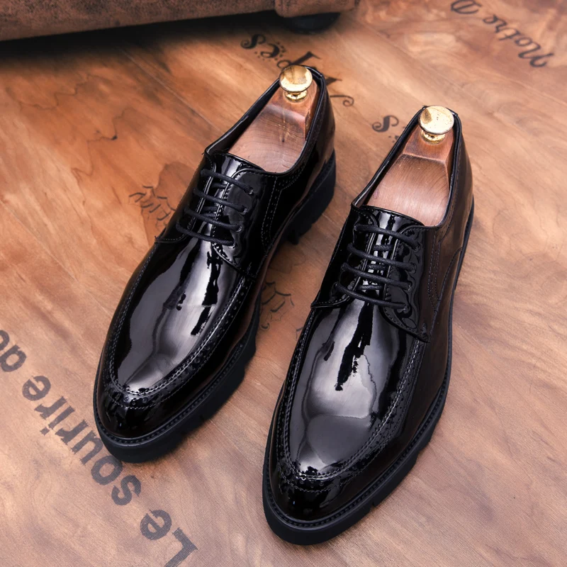 

black white shoes for men breathable fashion wedding party patent leather shoes lace-up derby shoe platform brogue footwear mans