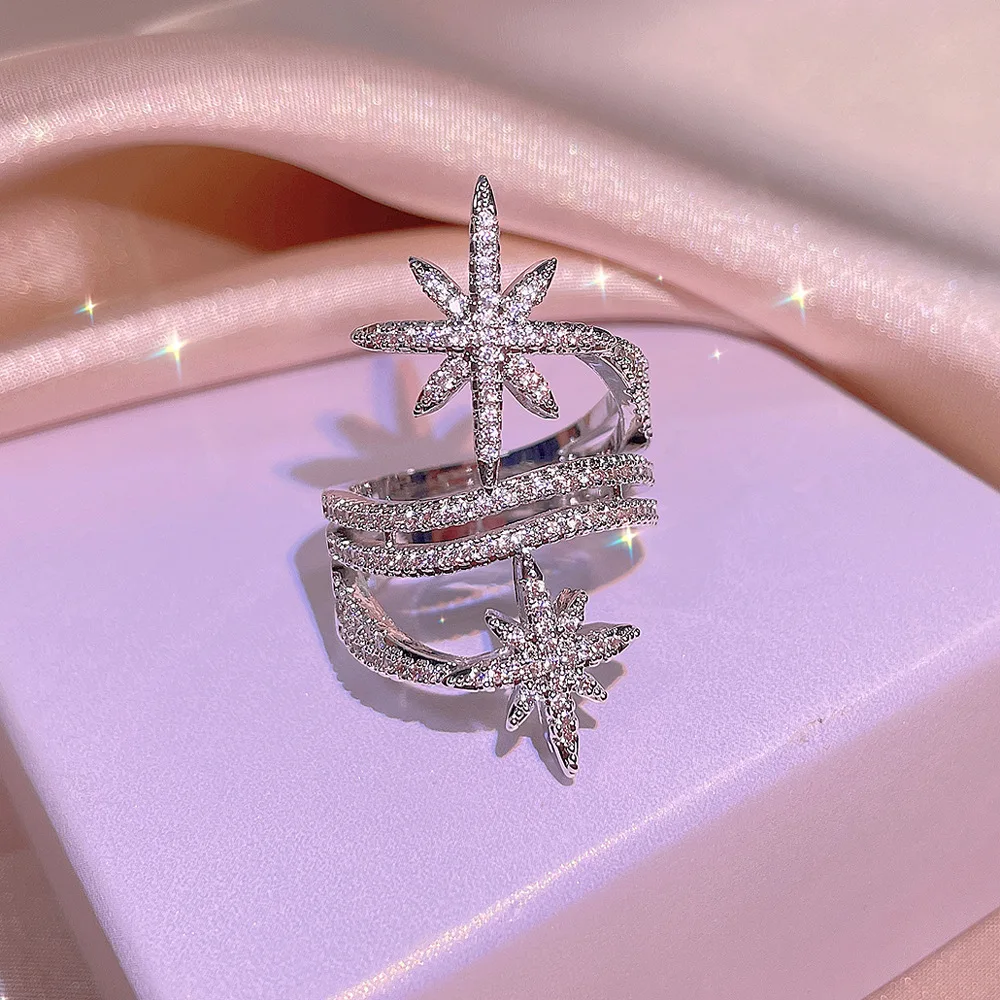 Купи NEW Creative Irregular Couple Ring For Women Multi-Layered Winding Beige Star Cross Five-Pointed Full Of Diamond Gift Jewelry за 183 рублей в магазине AliExpress
