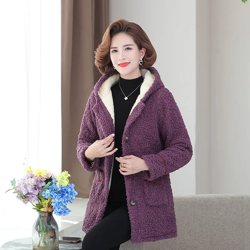 2022 New Winter Women Jacket Lambswool Plus Velvet Cotton Coat Female Overcoat Hooded Warm Lady Outerwear Mother Clothes 5XL