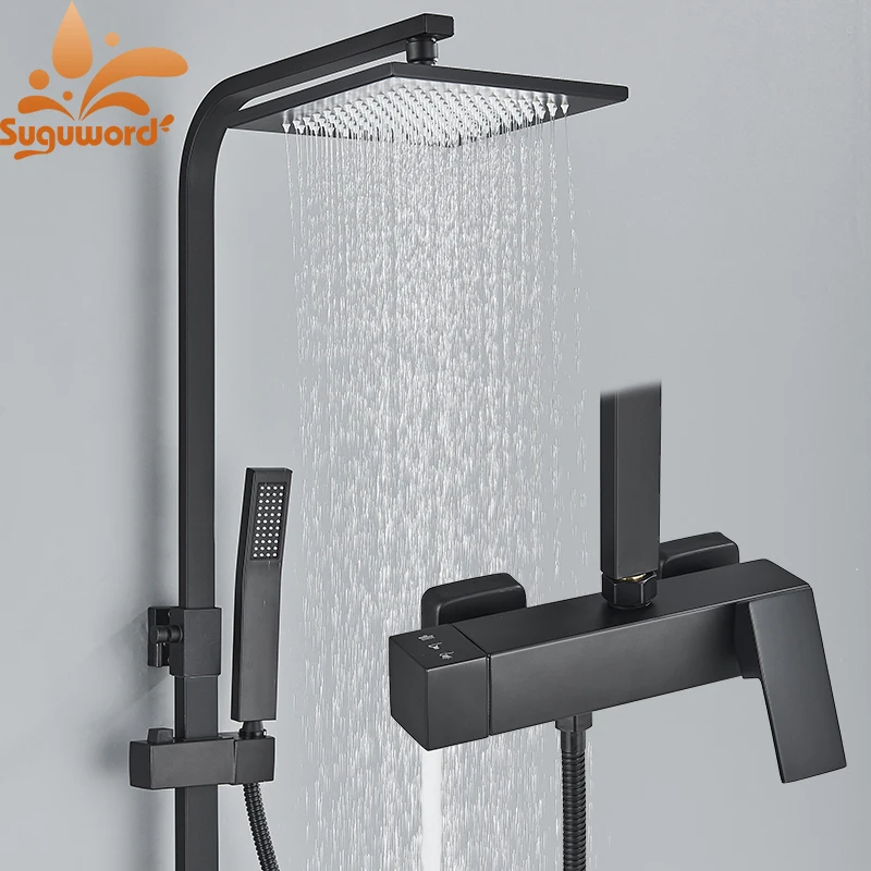 

Matte Black Shower Faucet Set 3 Function Brass Wall Mounted Rainfall Headshower Cold Hot Water Mixer Valve Bathroom Crane