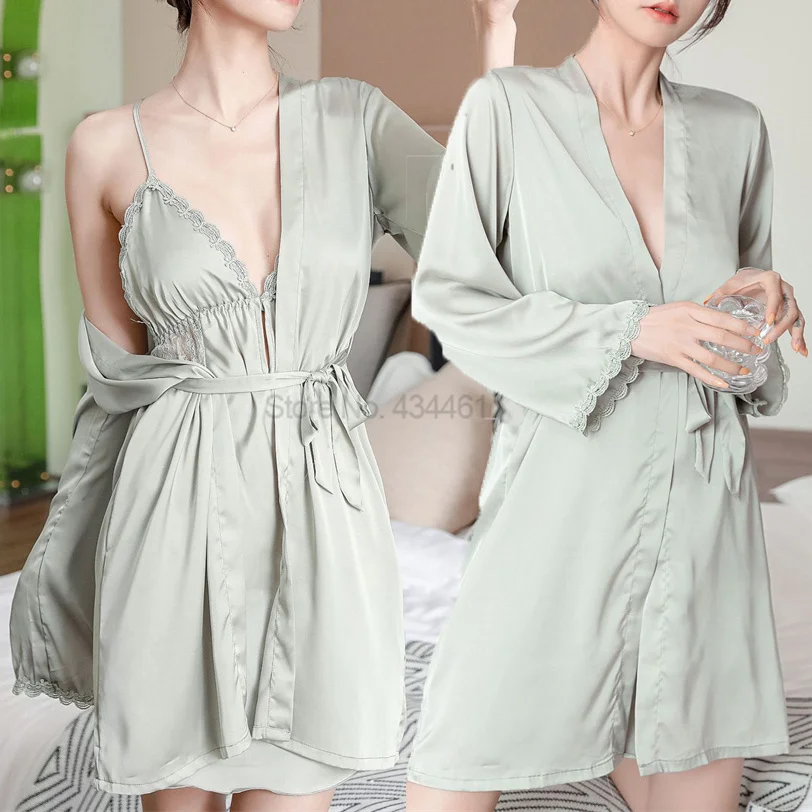 

Female Lace Patchwork Kimono Bath Gown Bathrobe&Chemise Nightgown Perspective Robe Suit Hollow Out Sleepdress Summer Loungewear