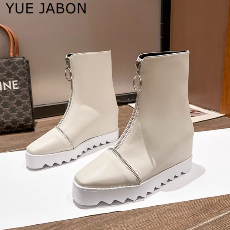 Белые осенние кроссовки на высокой платформе женские ботильоны толстой подошве