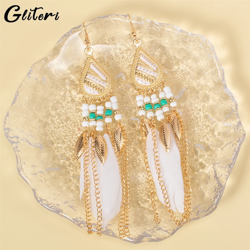 GEITERI Bohemia Water Drop Feather Tassels Earrings For Women Girls Classic Gold Color Beads Drop Earring Jewelry Party Gifts
