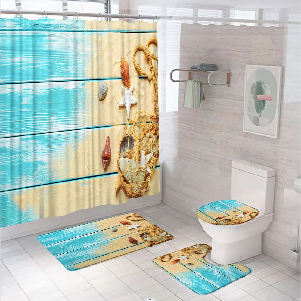 Занавеска для душа с морскими звездами ракушками и ковриком