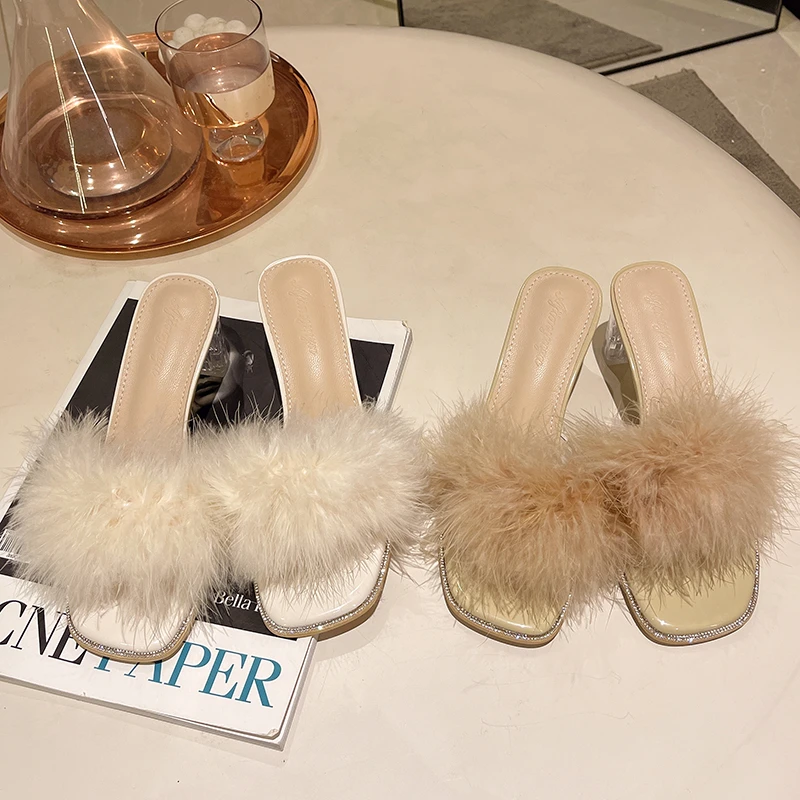 2023 Women's Summer Shoes High Heel Sandals Fluffy Sexy Coarse High Heels Women's Open Toe Shoes Extremely Late Party Shoes