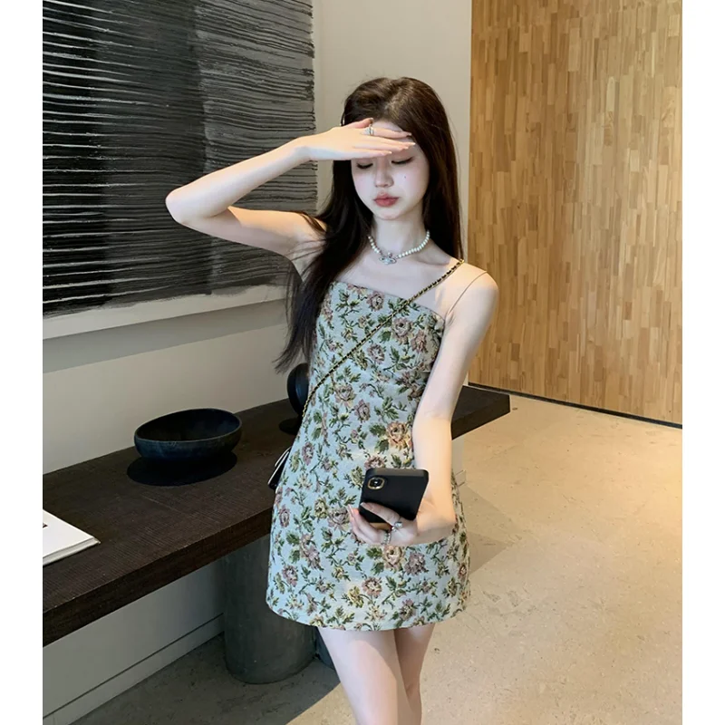 

Summer Khaki Dresses for Women 2023 Printing Sleeveless Chic Sling Miniskirt Sexy Fashion Suspender Simple Y2K Elegant Dresses