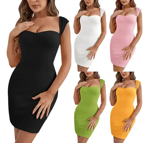 Square Neck Sleeveless Bodycon Dress Club Party Ribbed Slim Fit Ruched Stretchy Package Hip Mini Dresses Eleganr Female Vestidos