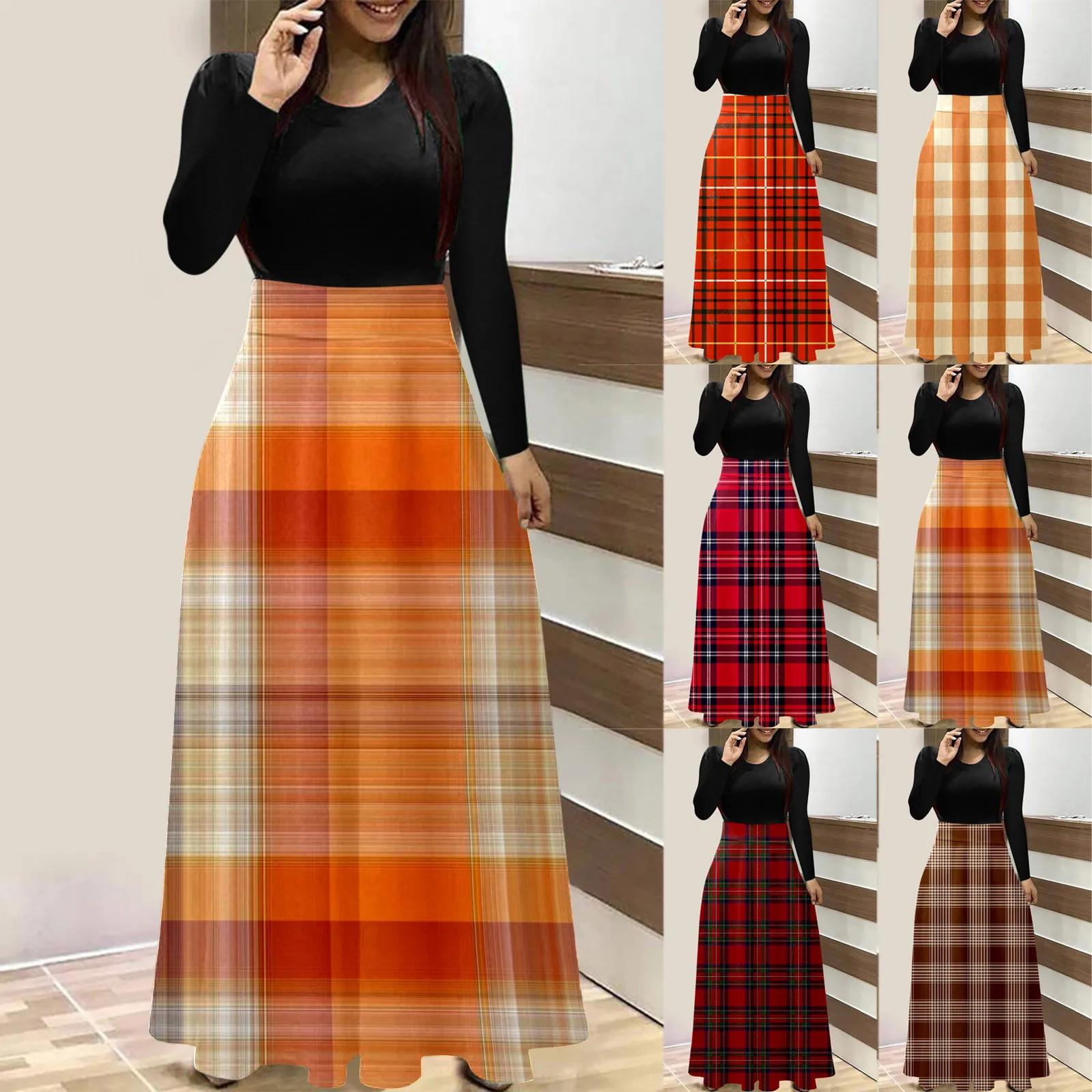 

Женское осенне-зимнее Повседневное платье с круглым вырезом и длинным рукавом с принтом, длинная юбка, повседневная юбка, богемное облегающее платье