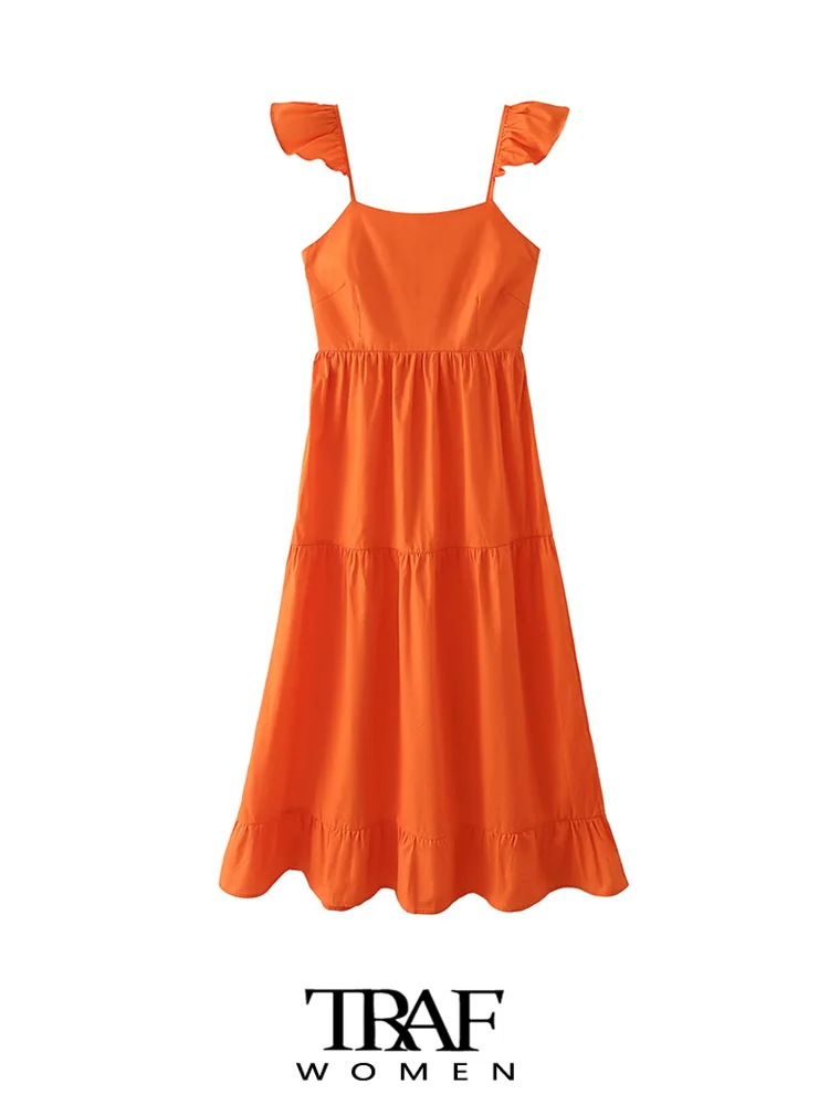 

TRAF Women Fashion With Ruffled Straps Midi Dress Vintage Backless Sleeveless Female Dresses Vestidos Mujer