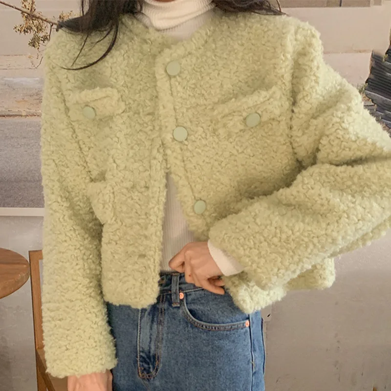Korean Fashion Light Green Faux Fur Loose Coat Woman Single-breasted Top O Neck Long Sleeve Pocket Women Clothing Dropshipping