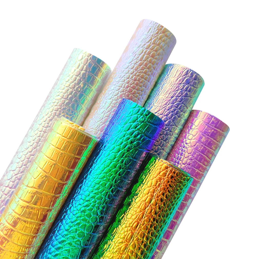 

Crocodile Skin Texture Embossed Holographic PU Faux Leather Fabric Sheet Roll for Making Bag/Decoration DIY Accessories A4 7pcs