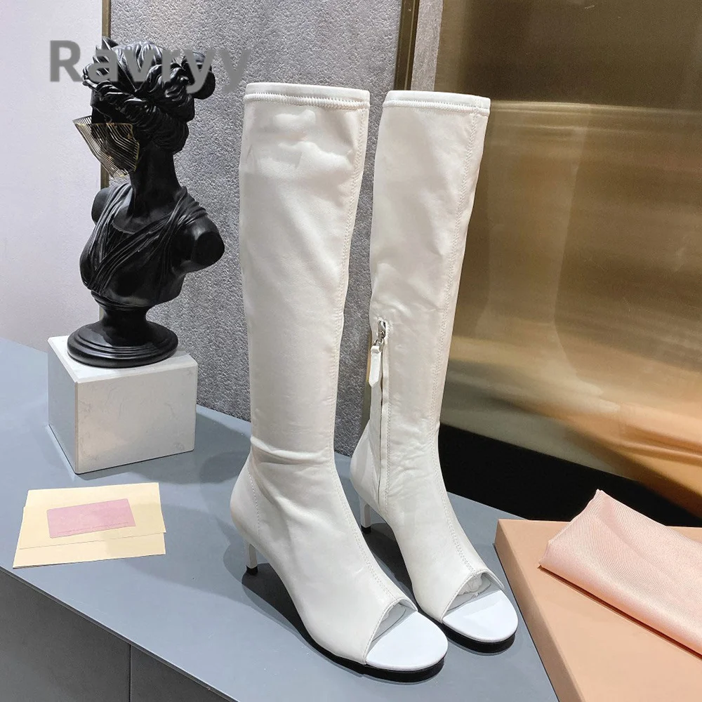 Knee Length Side Zipper Fashion Fishmouth Boots Kitten Heel Sewing Versatile and Concise Sheepskin Kid Suede Women's Boots
