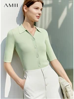 amii minimalist summer tshirts for women fashion polo slim casual knit t shirt short sleeve solid tops female clothing 12240621
