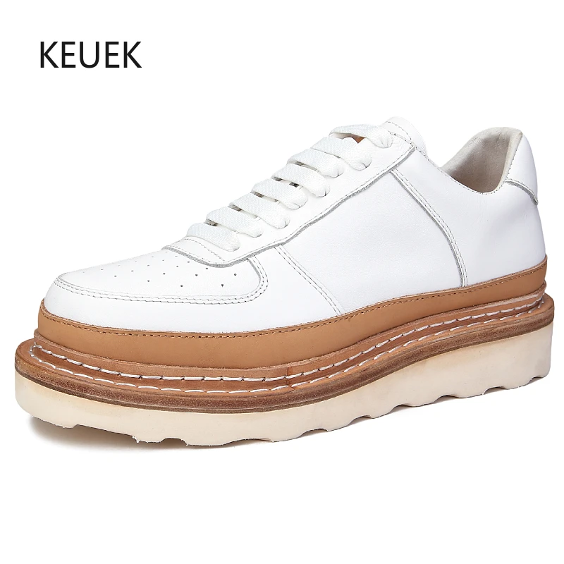 

New Design Leather Shoes Men Genuine Leather Muffin Thick Bottom Work Lace-Up Breathable Sneakers Male Outdoor Heighting 5A