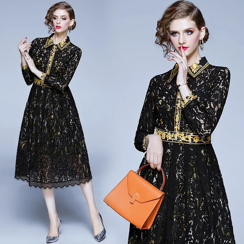 

Женское элегантное кружевное платье Young Gee, черное винтажное платье средней длины с цветочным принтом, длинным рукавом, отложным воротником и строчкой в виде цветов на осень