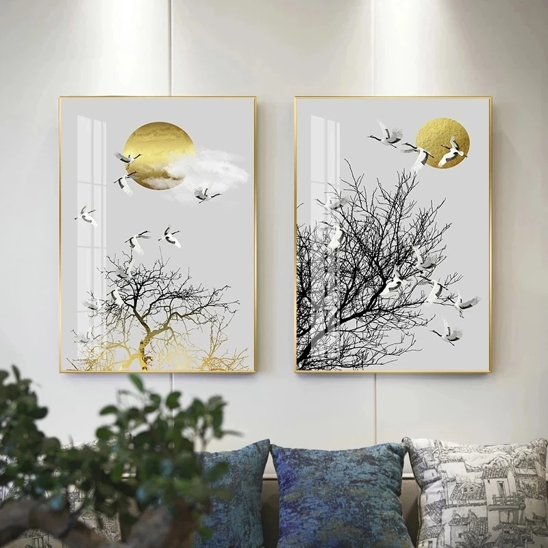 

Wall Art HD Prints Picture Canvas Home Decor Chinese Style Golden Sun Modular Painting No Frame Black White Tree For Living Room