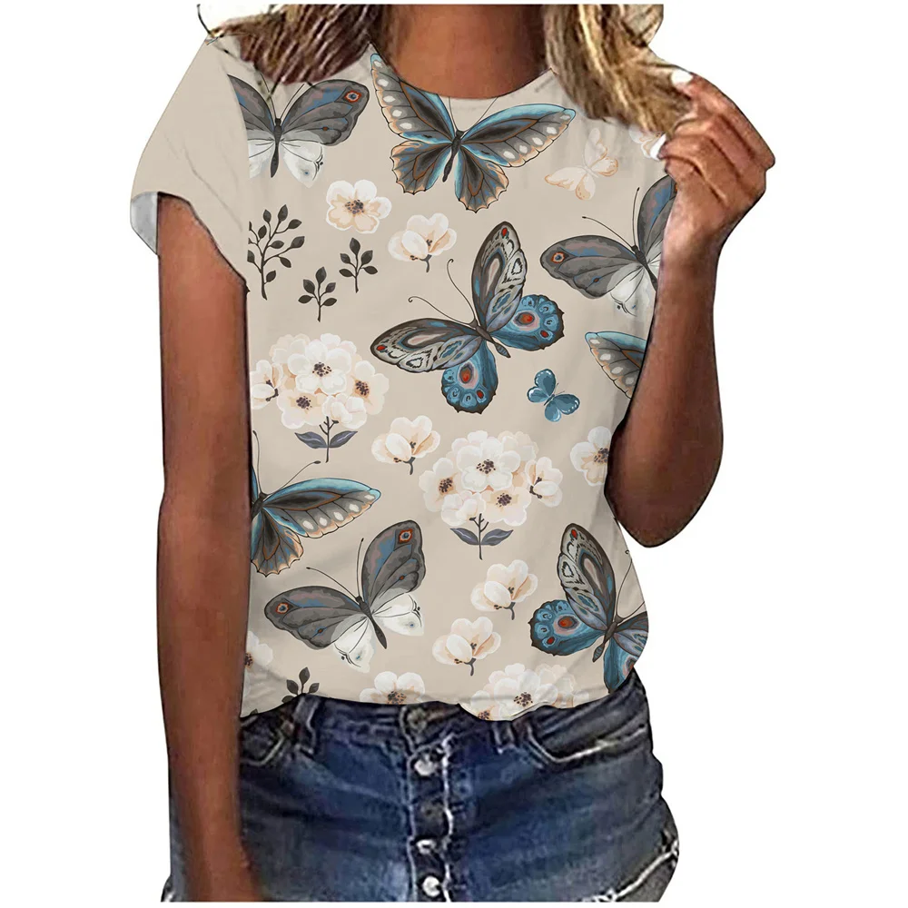 

Large Size T-shirt Summer Women's T-shirt Butterfly 3d Print Short Sleeve Vintage Women's Tops Pullover Tops Harajuku Round Neck