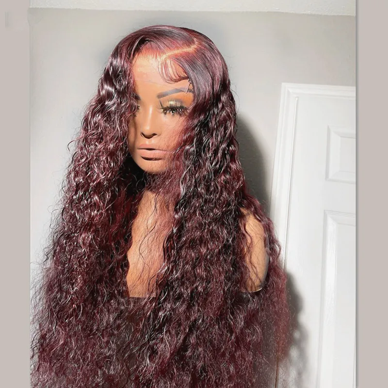 

Preplucked 26 Inches 180%Density Glueless Burgundy Kinky Curly Lace Front Wig With BabyHair Heat Temperature Daily