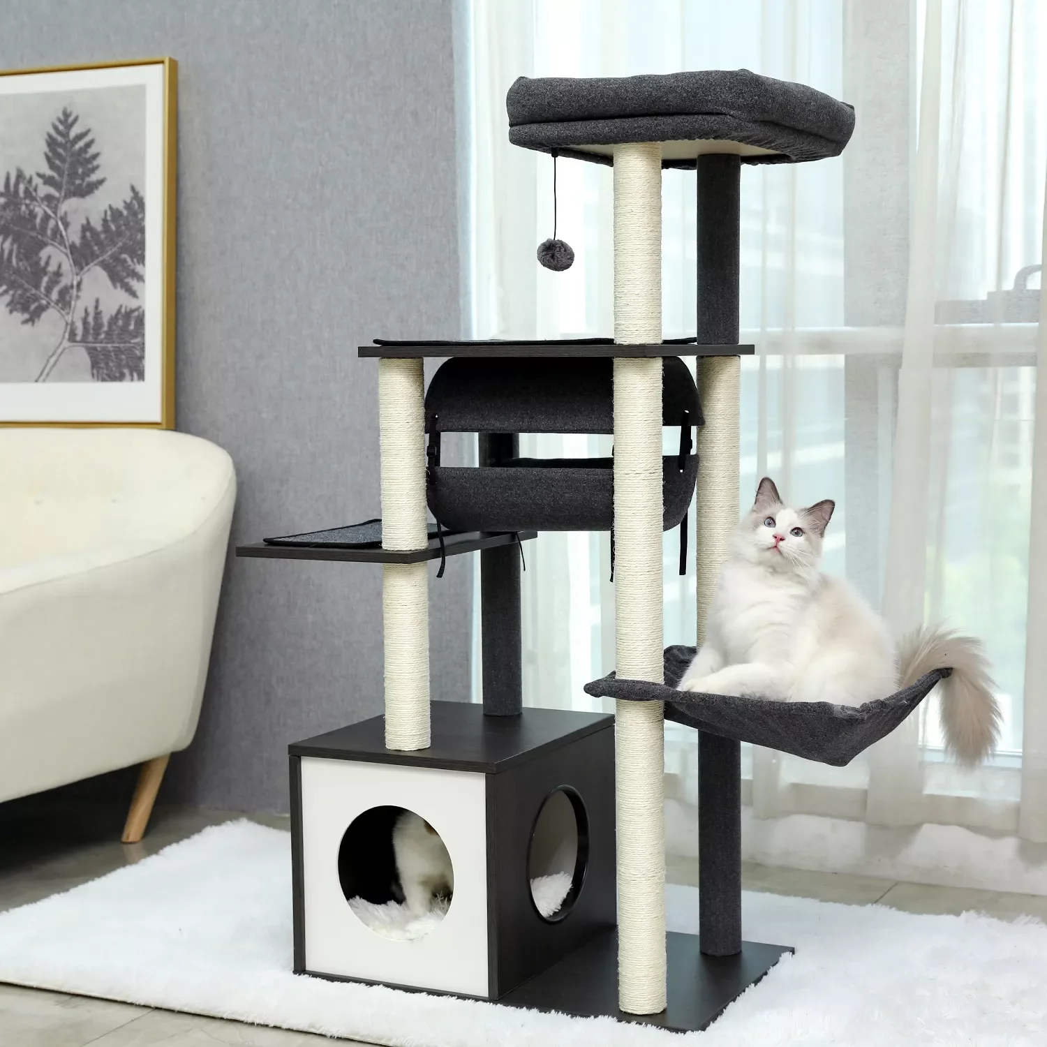 

Новая в современном стиле Деревянная башня для кошек с сизальными когтеточками Многоуровневая платформа с милым Кондо большим гамаком и ве...