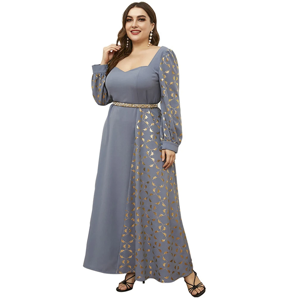 

New Style L~4XL Women Plus Size Maxi Dresses Long Sleeve Evening Party Festival Muslim Robe Clothing Square Collar Neck