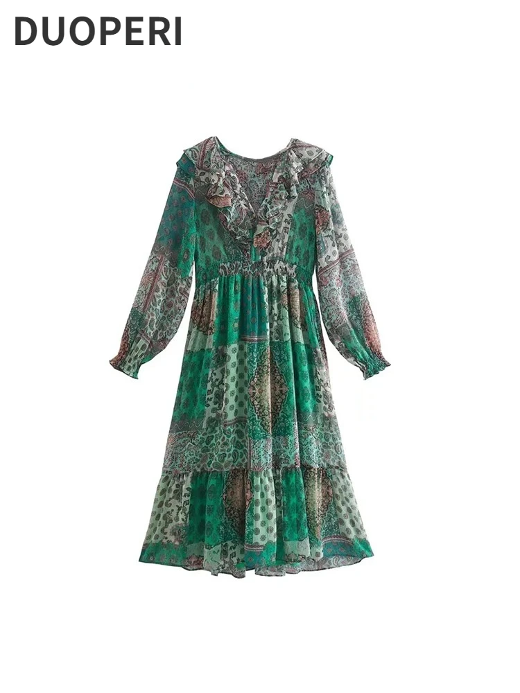 

DUOPERI Women Fashion Printed Pleated Midi Dress V-Neck With Button Long Sleeves Ruffled Neck Female Chic Lady Dresses