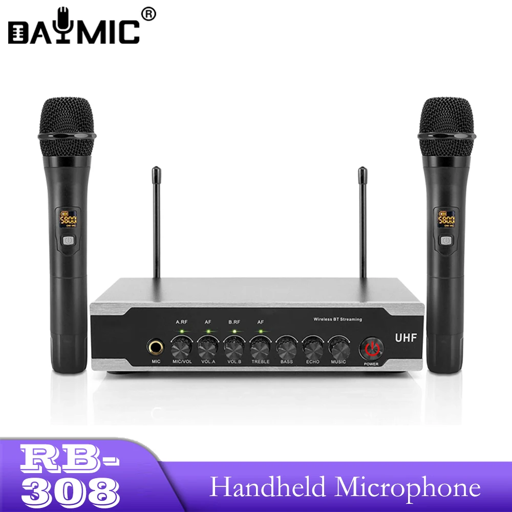 

AOSHEN RB-308 Portable UHF Wireless Mic System Dual BT Cordless Microphone Set For PA Karaoke DJ Party
