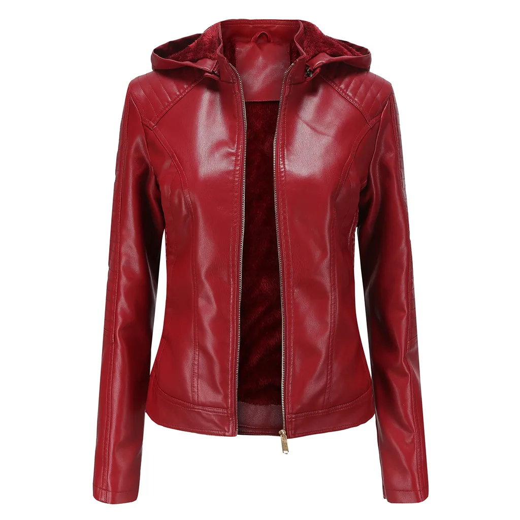 Kenntrice Women Casual Hoodie Outwear Fleece PU Leather Jacket 2022 Winter Streetwear Female Hooded Zipper Slim Coat Oversize