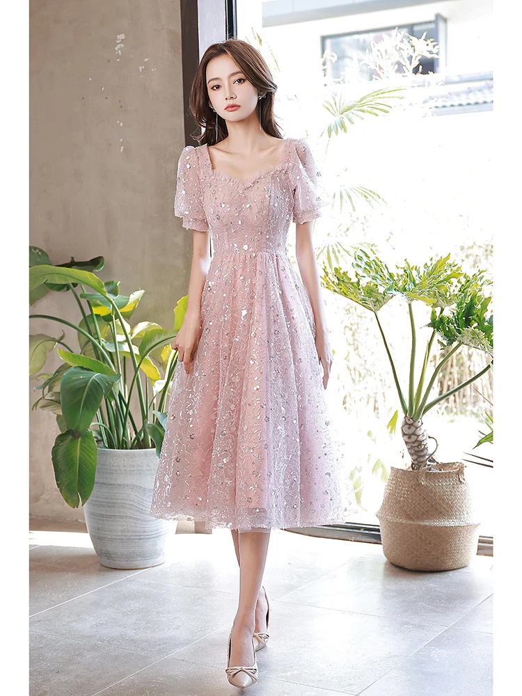 

Розовые вечерние платья, короткие элегантные трапециевидные платья до середины икры с вырезом сердечком и блестками, кружевные тюлевые женские платья для помолвки