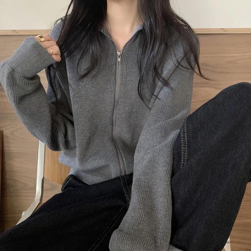 

2022 Sweater Cardigan Women Spring Autumn Casual Turtleneck New Solid Vintage Zipper Loose Daily Soft Simple Casual Knitwear D21