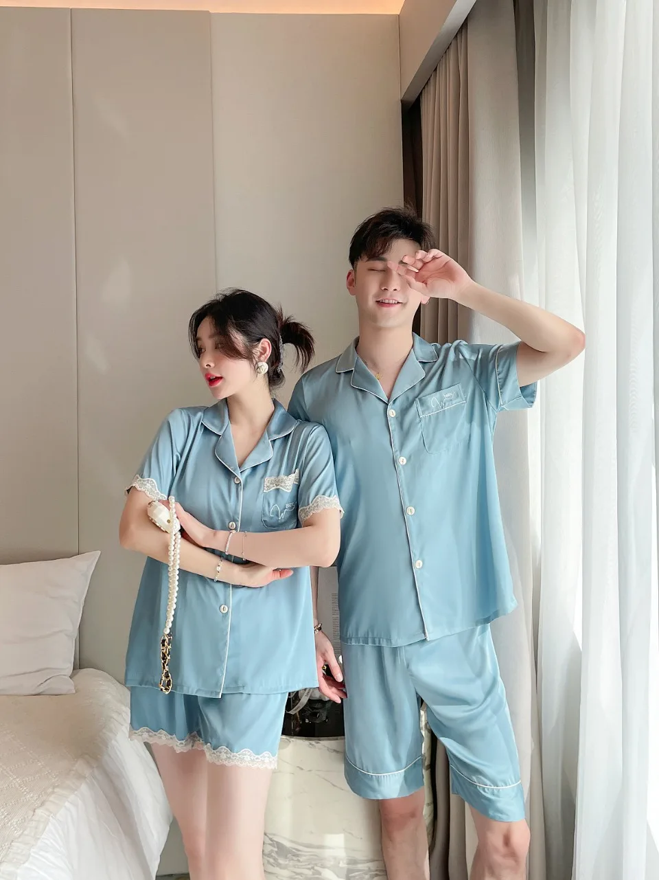 [Women's pajamas] [high-quality]Couple Ice Silk Pajamas for Men and Women Advanced Spring/Summer Thin Home Fur Set