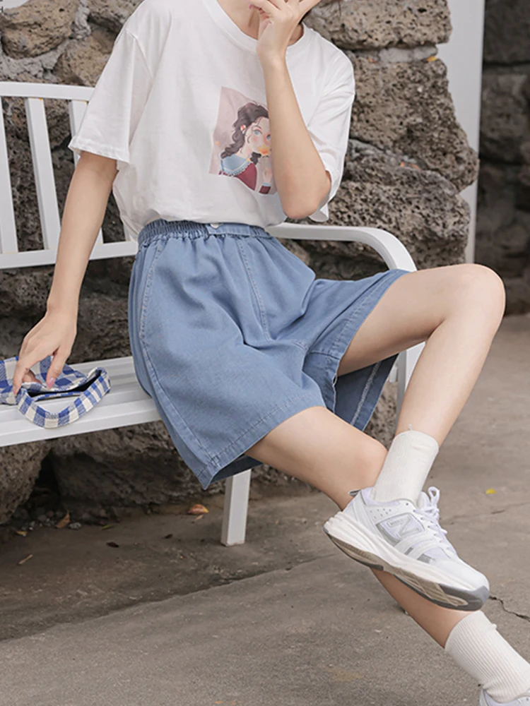 New Spring Summer Women High Waist Loose Retro Denim Shorts Streetwear Female Elastic Button Jeans Shorts Bottoms