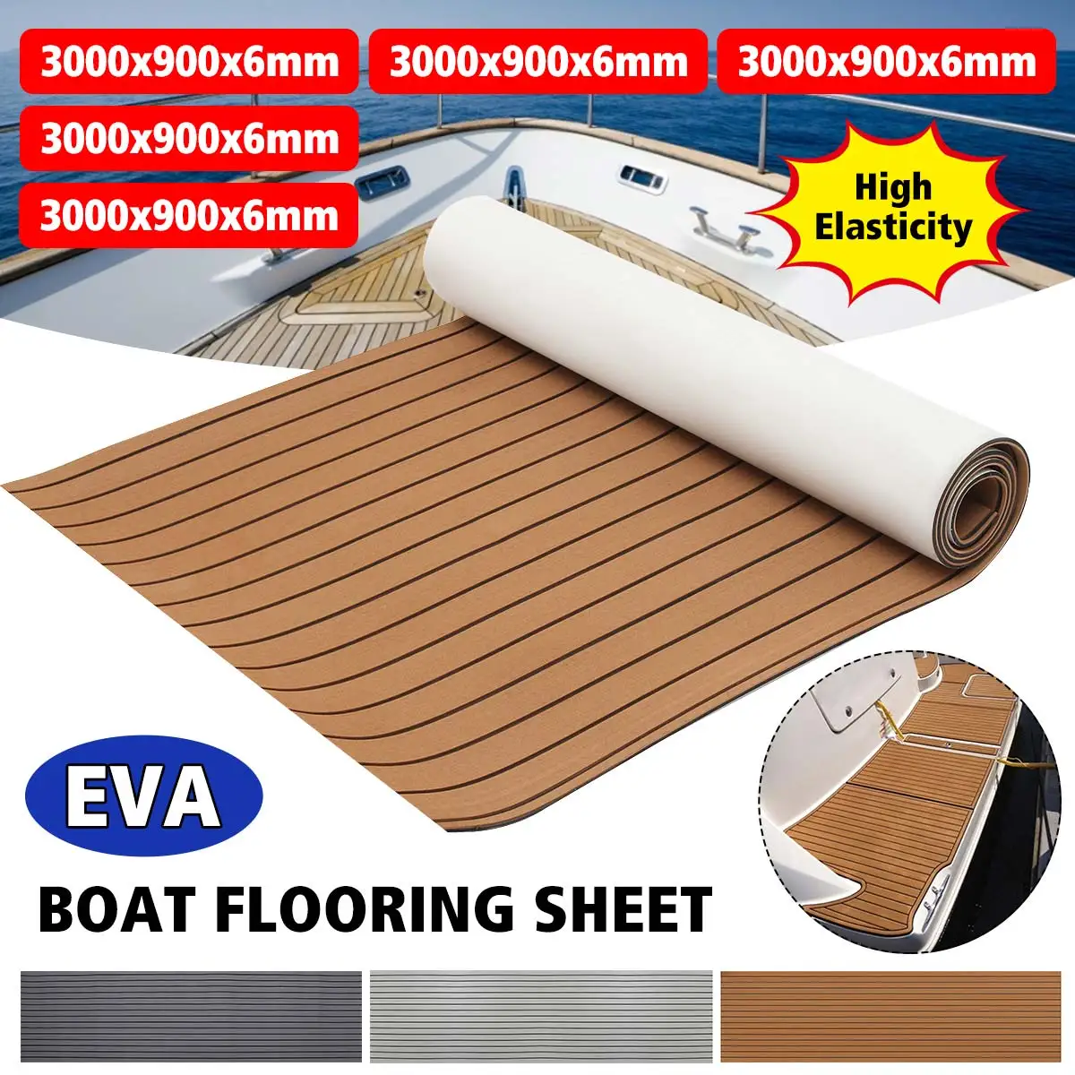Self-Adhesive Foam Teak Decking EVA Foam Marine Flooring Faux Boat Decking Sheet Accessories Marine Gray Black 3000x900x6mm